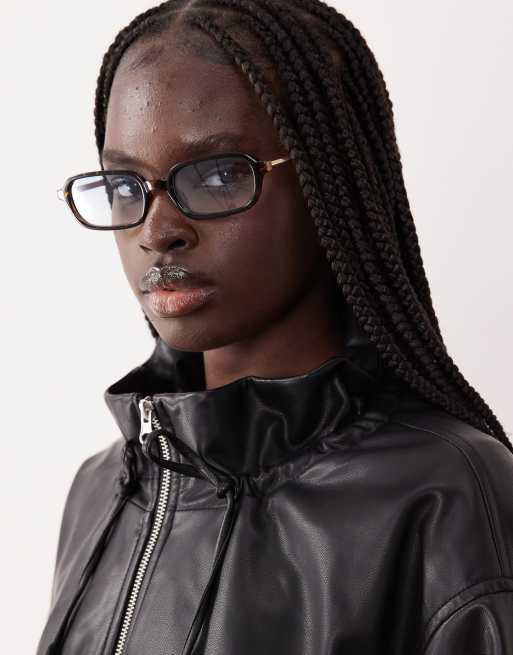 ASOS DESIGN – Schmale, eckige Sonnenbrille in Schildpatt-Optik mit Metallbügeln