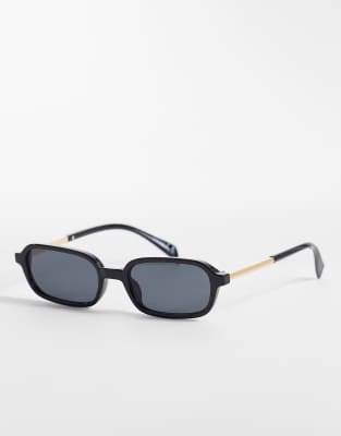 ASOS DESIGN - Schmale, eckige Sonnenbrille in Schwarz mit Metallbügeln