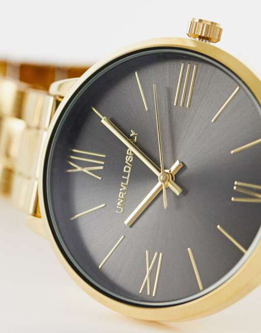 ASOS DESIGN – Schmale, goldfarbene Armbanduhr mit Zifferblatt in Stahlgrau, 3 von 4