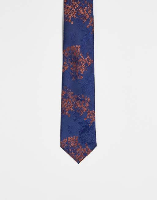 ASOS DESIGN – Schmale Krawatte in Dunkelorange und Marineblau geblümt