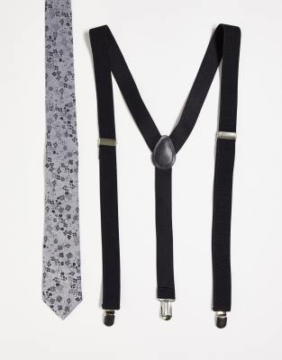 ASOS DESIGN – Schmale Krawatte mit Blumenmuster in Silberoptik und Hosenträgern in Schwarz