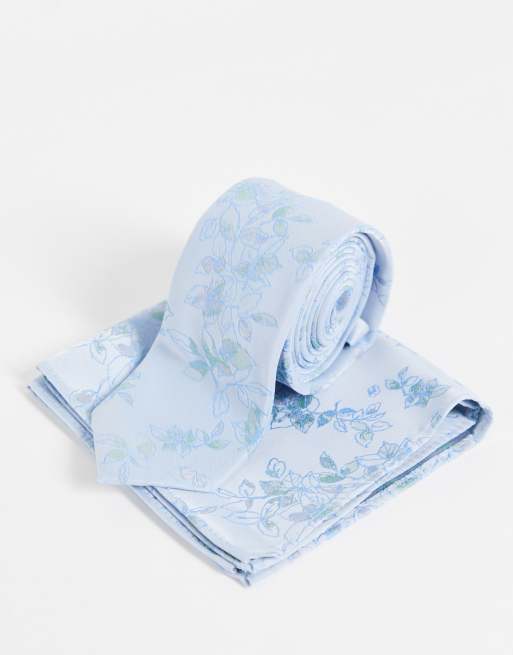 ASOS DESIGN – Schmale Krawatte und Einstecktuch in Babyblau mit Blumenmuster, 3 von 4