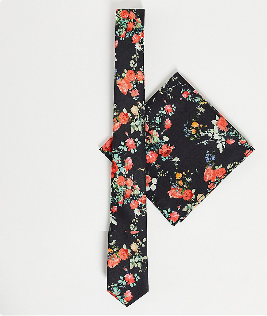 ASOS DESIGN – Schmale Krawatte und Einstecktuch in Tiefschwarz mit Blumenmuster