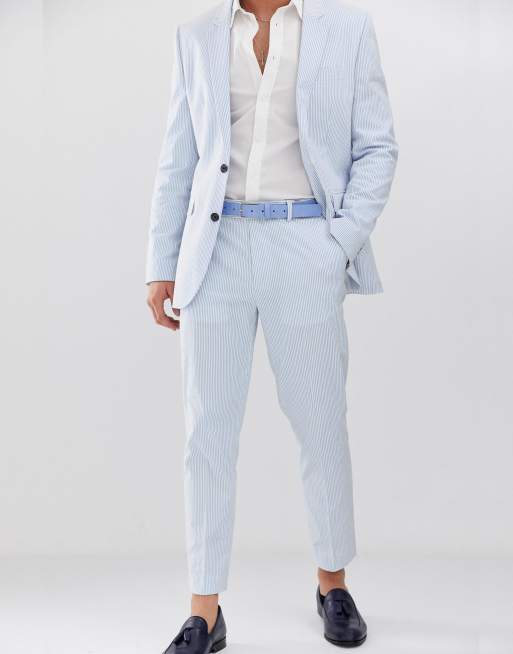 ASOS DESIGN – Blau und Weiß gestreifter, schmal geschnittener Seersucker-Anzug aus Baumwolle, 3 von 3