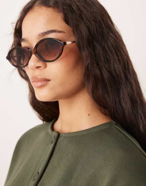ASOS DESIGN – Schmale, ovale Sonnenbrille in Schildpatt-Optik mit Metallbügeln - view 1