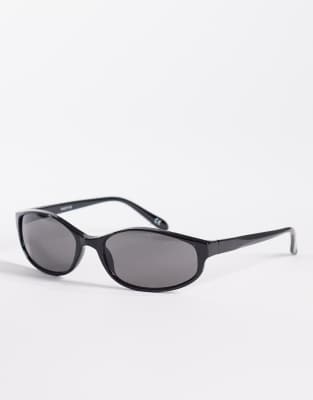 Schmale, ovale Wrap-around-Sonnenbrille mit schwarzem Gestell und schwarzen Gläsern Schwarz One Size