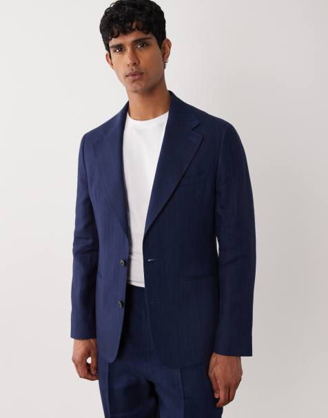 ASOS DESIGN schmale Premium-Anzugjacke aus leinenreichem Material in Marineblau - view 1