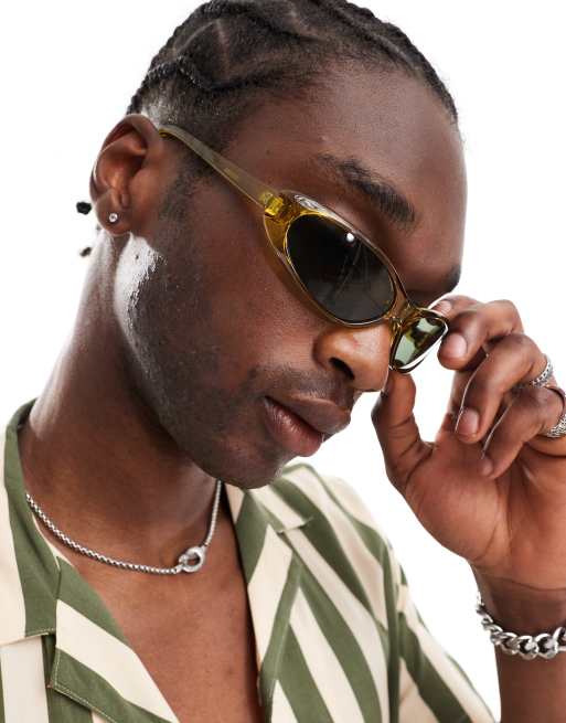 ASOS DESIGN – Schmale Racer-Sonnenbrille in Kristall-Khaki