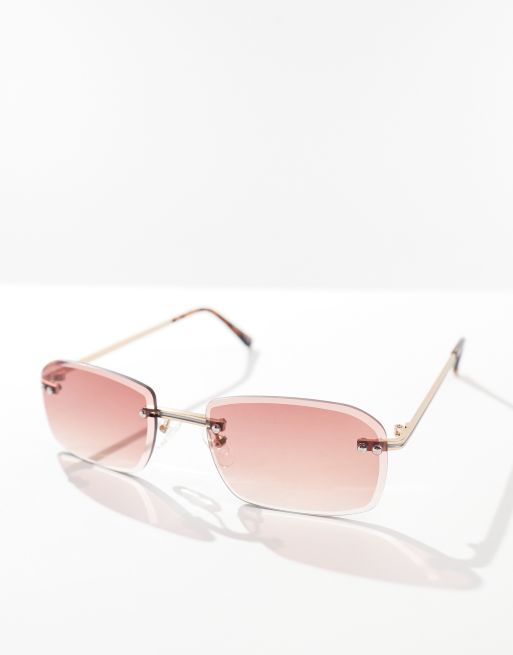 ASOS DESIGN - Schmale, randlose Sonnenbrille in Goldoptik mit violetten Gläsern , 2 von 4