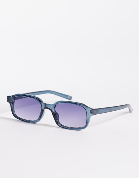 ASOS DESIGN – Schmale, rechteckige Sonnenbrille in Blau mit blauen Gläsern - view 1