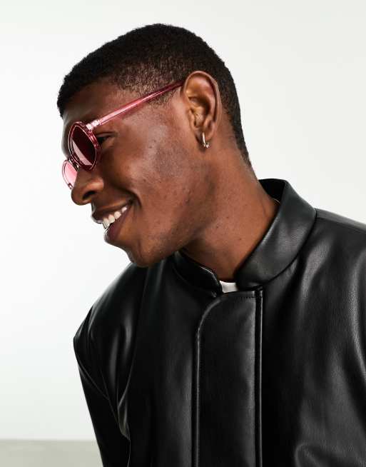 ASOS DESIGN – Schmale, rechteckige Sonnenbrille in Kristallrosa mit rosa Gläsern, 3 von 4