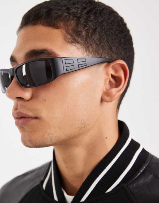 ASOS DESIGN – Schmale, rechteckige Sonnenbrille in Mattschwarz mit rauchig getönten Gläsern, 2 von 3