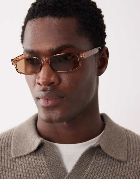 ASOS DESIGN – Schmale, rechteckige Sonnenbrille mit transparentem Gestell in neutraler Farbe und braunen Gläsern - view 1