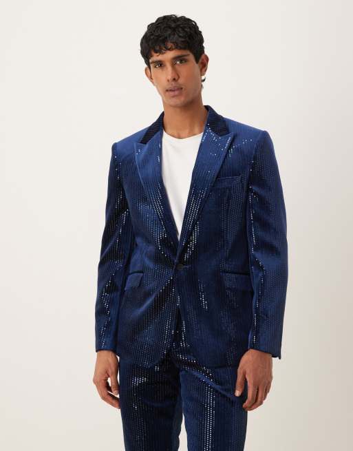 ASOS DESIGN – Schmale Samt-Anzugjacke in Marineblau mit Paillettenbesatz