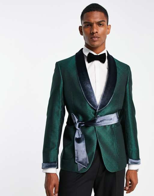 ASOS DESIGN – Schmale Satin-Smokingjacke mit Samt-Revers und geometrischem Muster in dunklem Blaugrün und Marineblau
