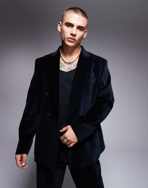 ASOS DESIGN – Schmale, zweireihige Anzugjacke aus Baumwollsamt in Schwarz - view 1