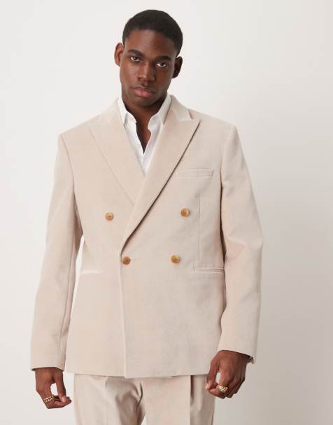 ASOS DESIGN – Schmale, zweireihige Anzugjacke aus leichtem Baumwollsamt in Steinbeige - view 1