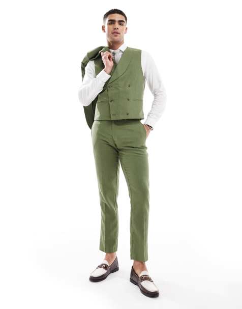 ASOS DESIGN – Schmaler Anzug in Dunkelgrün mit Wollanteil und Fischgrätmuster - view 1