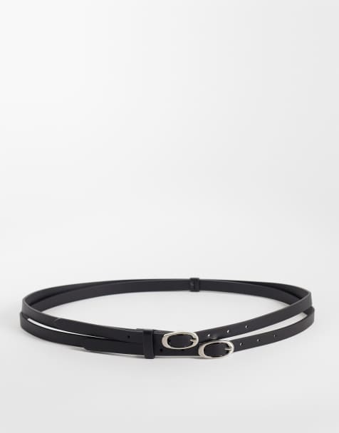 ASOS DESIGN schmaler Gürtel aus Kunstleder mit ovaler Schnalle und doppeltem Riemen in Schwarz - view 1