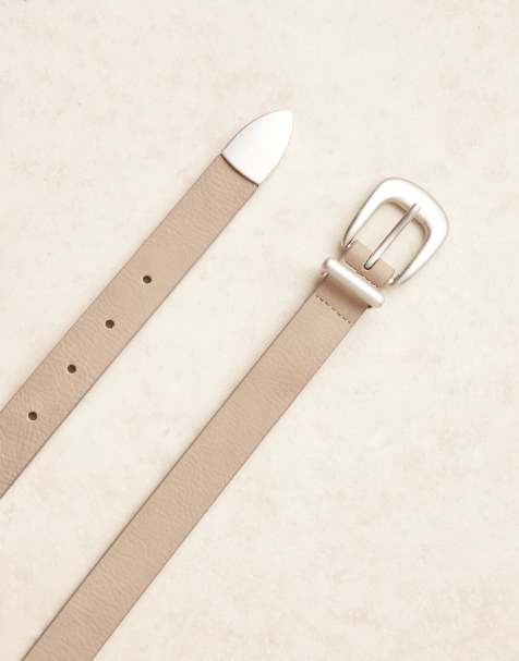 ASOS DESIGN – Schmaler Gürtel in Steinbeige mit gebogener Schnalle und Metallspitze - view 1