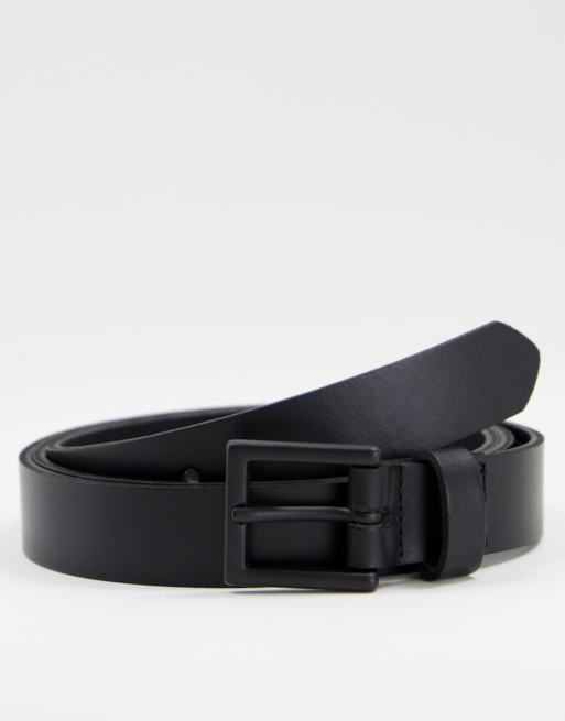 ASOS DESIGN – Schmaler Ledergürtel in Schwarz mit mattschwarzer Schnalle