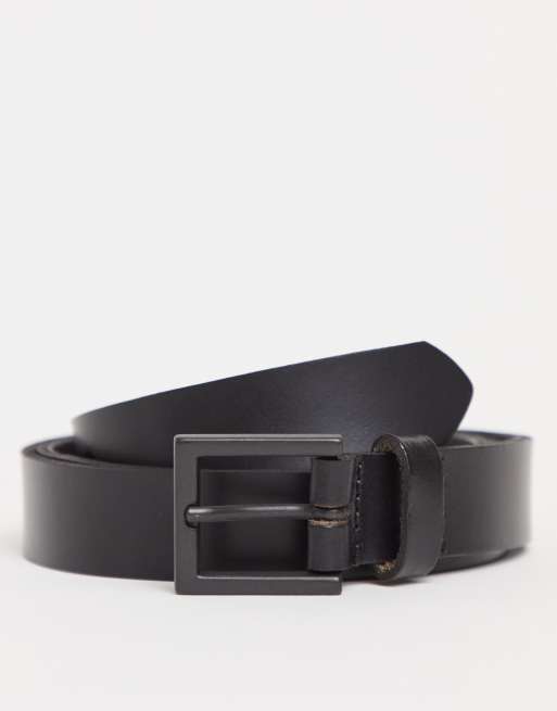 ASOS DESIGN – Schmaler Ledergürtel in Schwarz mit mattschwarzer Schnalle