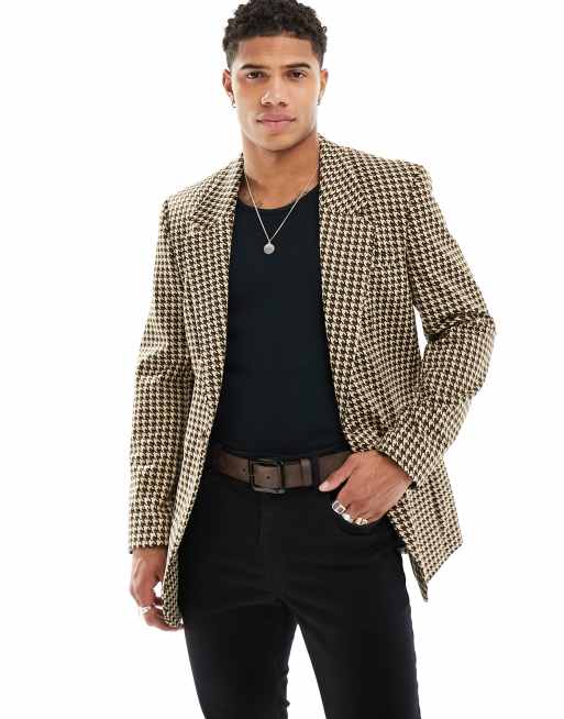 ASOS Design Schmaler Longline Blazer in Braun mit kleinem Hahnentrittmuster