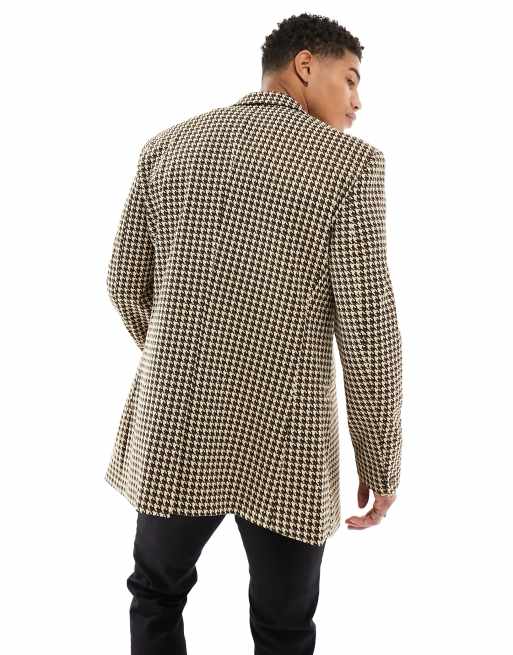 ASOS Design Schmaler Longline Blazer in Braun mit kleinem Hahnentrittmuster ASOS