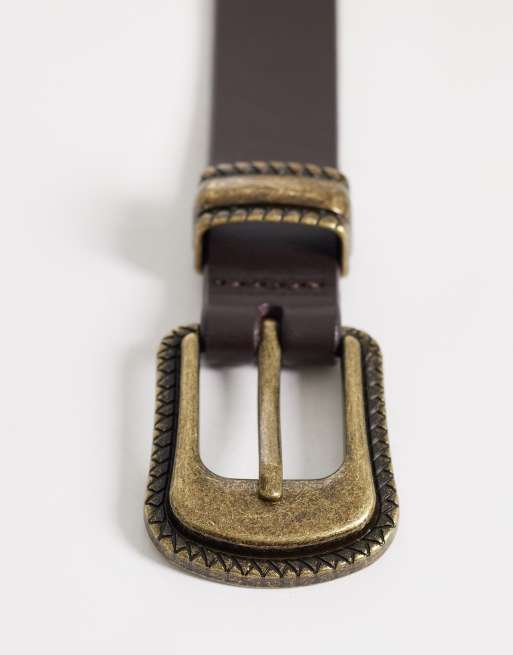 ASOS DESIGN – Schmaler Western-Gürtel aus Leder mit Schnalle in Altgoldoptik, 3 von 3