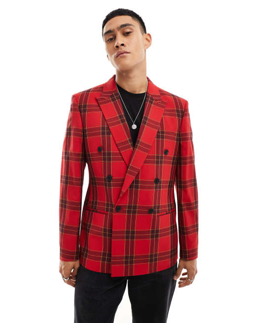 FhyzicsShops DESIGN – Schmaler, zweireihiger, tief ausgeschnittener Blazer mit Karomuster in Rot