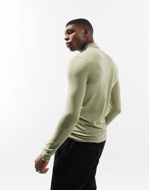 ASOS DESIGN – Schmales, langärmliges Poloshirt in verwaschenem Khaki, 3 von 5