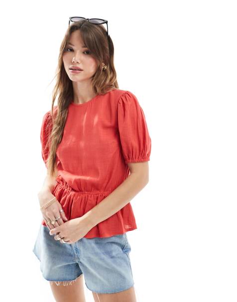 ASOS DESIGN – Schößchenoberteil aus Leinenmix in Rot mit Puffärmeln - view 1