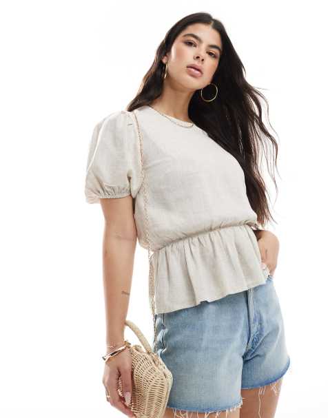 ASOS DESIGN – Schößchenoberteil in Stein im Leinenlook mit Puffärmeln - view 1