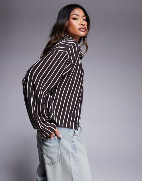 ASOS DESIGN – Schokobraun und weinrot gestreifte Jacke mit Reißverschluss vorne - view 1