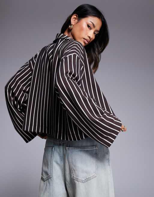 ASOS DESIGN – Schokobraun und weinrot gestreifte Jacke mit Reißverschluss vorne, 2 von 4