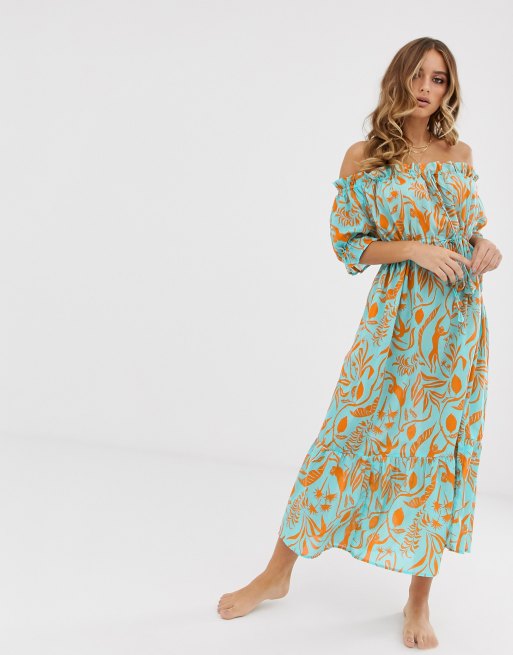 ASOS DESIGN - Schouderloze lange strandjurk met laagjes en tropische bloemenprint in groene kleurvlakken