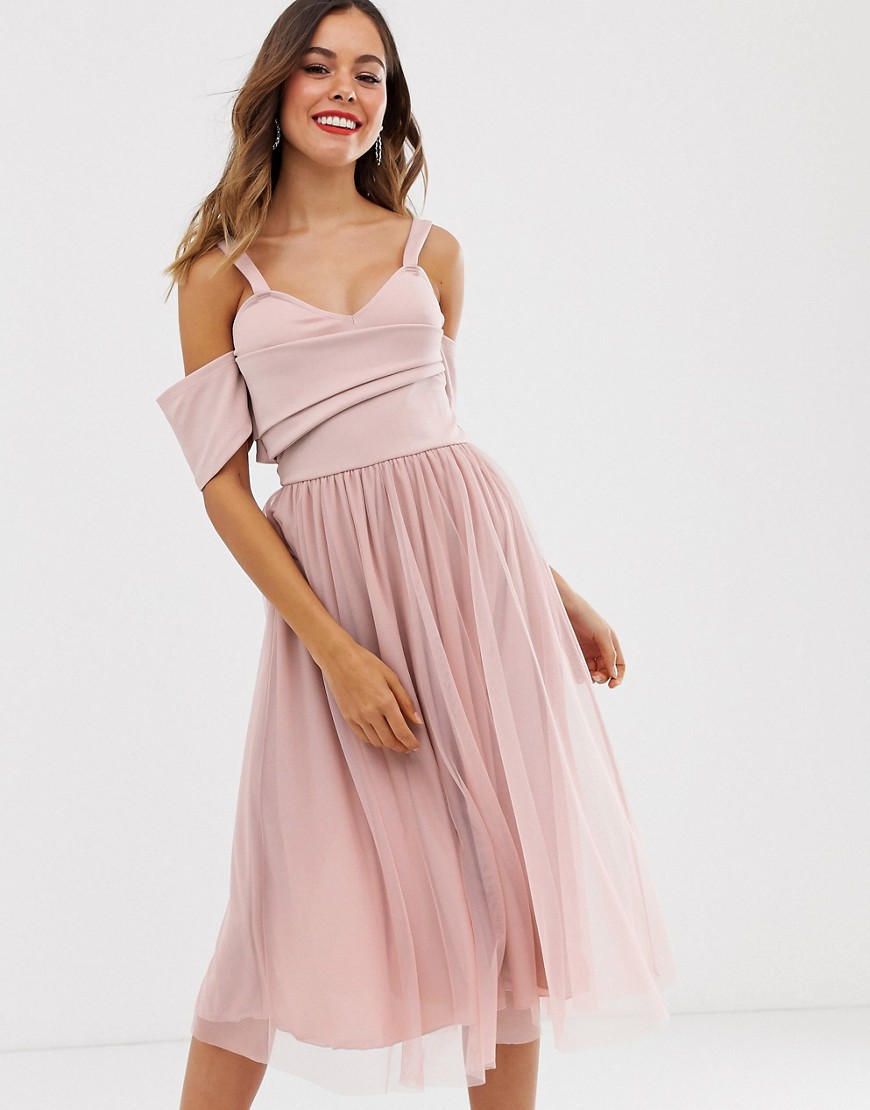 ASOS DESIGN - Schouderloze midi-jurk met top van scubastof en tule-Roze