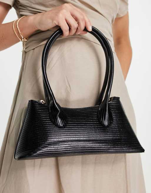 ASOS DESIGN - Schoudertas met hagedisseneffect en verlengde handvatten in zwart, 2 van 4