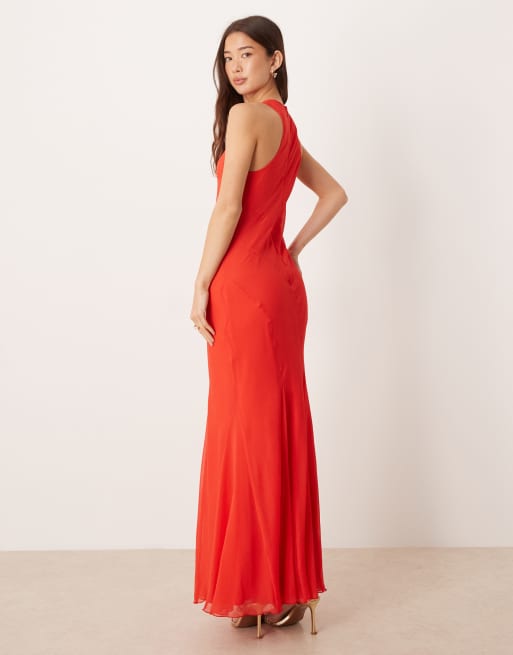 ASOS DESIGN – Schräg geschnittenes Maxikleid in Rot mit Racerausschnitt und Godet-Saum, 4 von 4