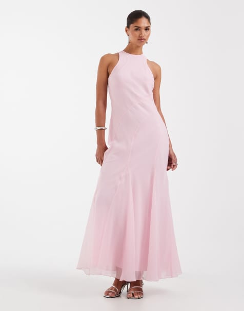 ASOS DESIGN – Schräg geschnittenes Maxikleid in zartem Rosa mit Ringerrücken und Godet-Saum - view 1