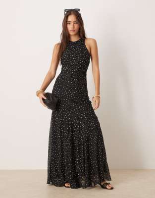 ASOS DESIGN - Schräg geschnittenes Maxikleid mit Punkte-Print, Ringerrücken und Godet-Saum-Bunt