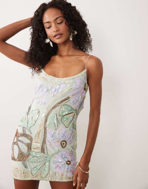 ASOS DESIGN – Schräg geschnittenes Minikleid mit doppelten Rouleau-Trägern und verzierter Artwork-Applikation in Aqua - view 1