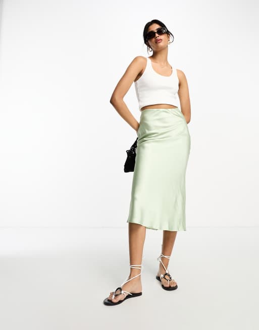 ASOS DESIGN - Schuin gesneden satijnen midirok in saliegroen