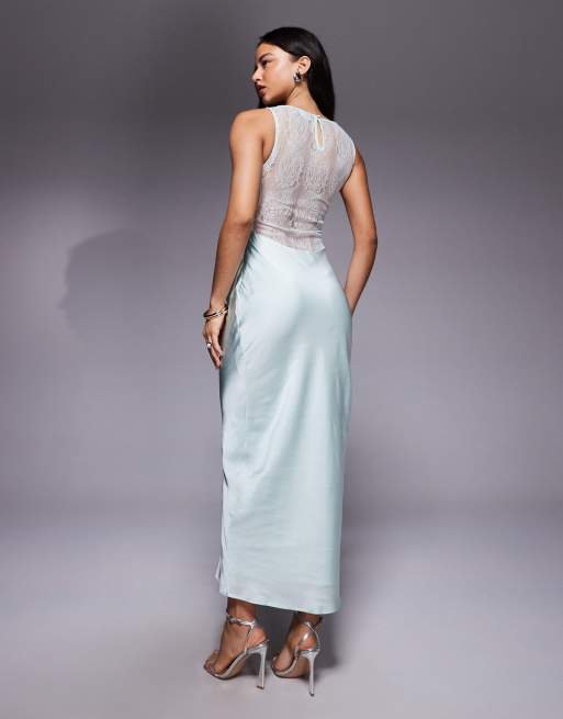 ASOS DESIGN - Schuingesneden gedrapeerde midi jurk van kant en satijn met wassing in lichtblauw, 3 van 4