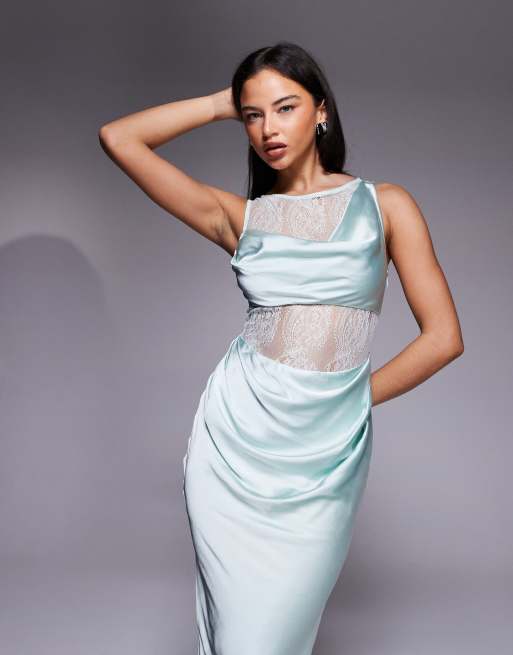 ASOS DESIGN - Schuingesneden gedrapeerde midi jurk van kant en satijn met wassing in lichtblauw, 4 van 4