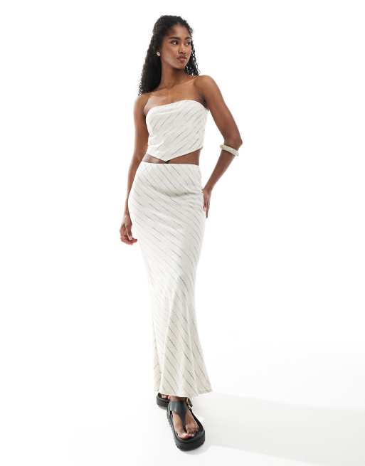 ASOS DESIGN - Schuingesneden gestreepte maxi rok van linnenmix in naturel, deel van co-ord set