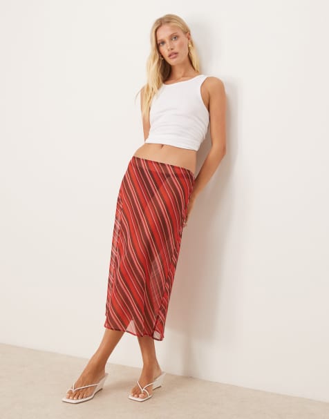 ASOS DESIGN - Schuingesneden gestreepte midirok van chiffon met jaren 90 lengte in kastanjebruin - view 1