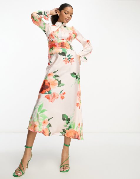 ASOS DESIGN - Schuingesneden hoogsluitende maxi jurk met gedraaide hals in bloemenprint - view 1