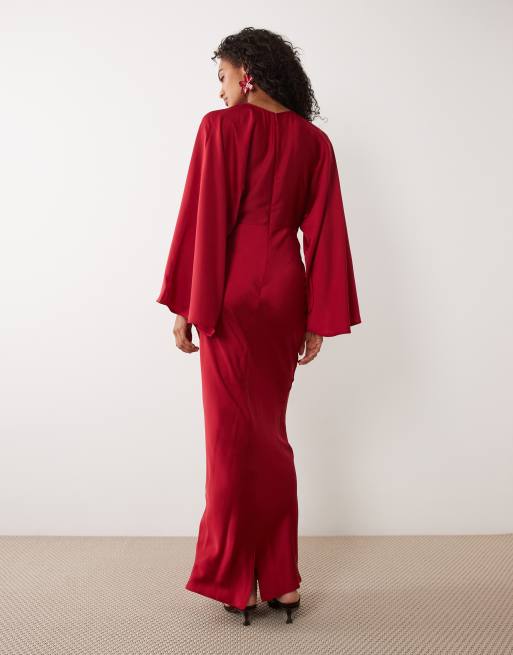 ASOS DESIGN - Schuingesneden mat satijnen getailleerde maxi jurk met vleermuismouwen in rood, 3 van 4