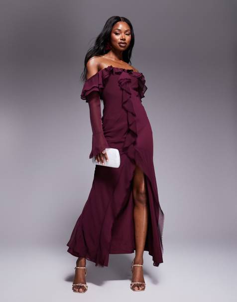 ASOS DESIGN - Schuingesneden maxi bardotjurk met lange mouwen en ruches in bordeauxrood - view 1